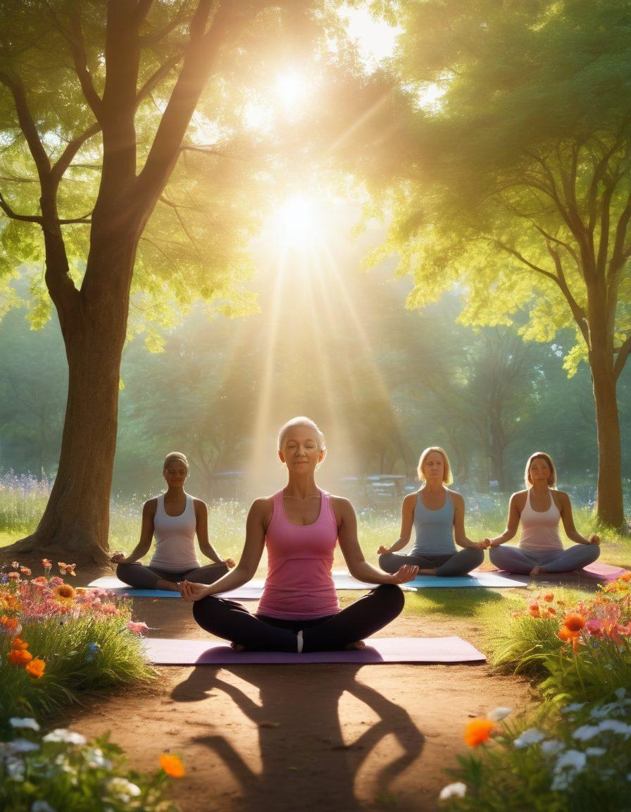 A serene and uplifting scene depicting a diverse group of individuals engaging in healthy lifestyle activities, such as cooking nutritious meals and practicing yoga in a sunlit park. Incorporate elements symbolizing hope and healing, like blooming flowers and light rays. Emphasize vibrant colors and a sense of community, showcasing the empowering journey of cancer treatment and survivorship. super-realistic. vibrant colors. soft focus.