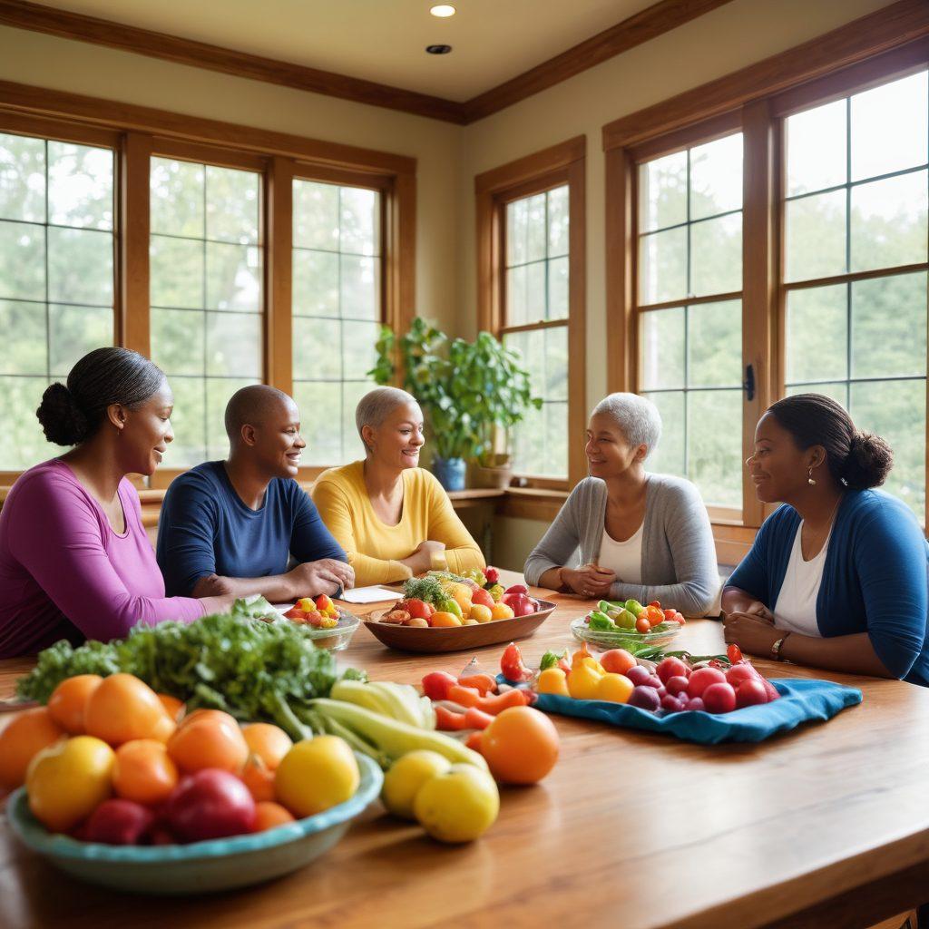 A serene, comforting scene showcasing a diverse group of cancer survivors engaging in a nutrition workshop. Include colorful fruits and vegetables on a wooden table, with a backdrop of supportive quotes and positive imagery. Light gently filtering through the window to create a warm atmosphere, symbolizing hope and healing. Illustrate a balance of scientific and homely elements to depict the journey from diagnosis to advocacy. vibrant colors. soft focus.